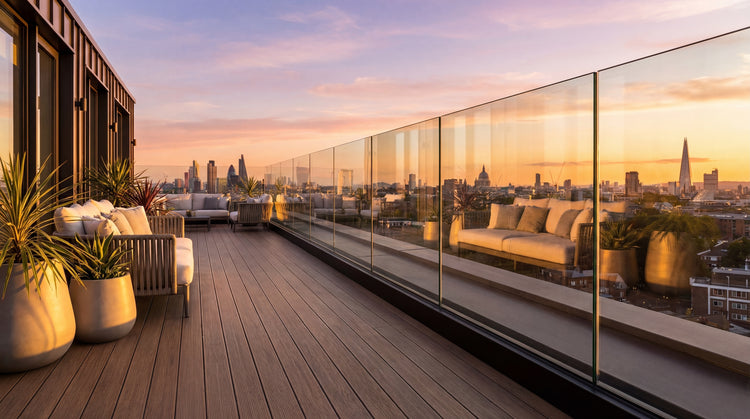 Black semi frameless glass balustrade installed on a balcony overlooking the London skyline