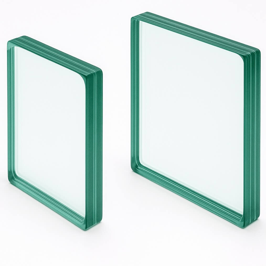 Two sample pieces of laminated glass on a white background.