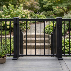 Black aluminium balustrade gate fitted between two railing runs, shown straight on