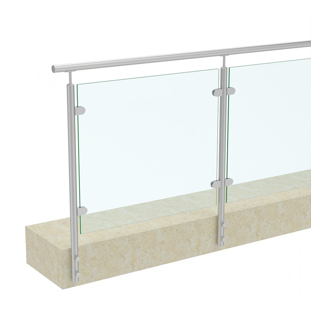 Side mounted glass balustrade with satin stainless steel posts and handrail