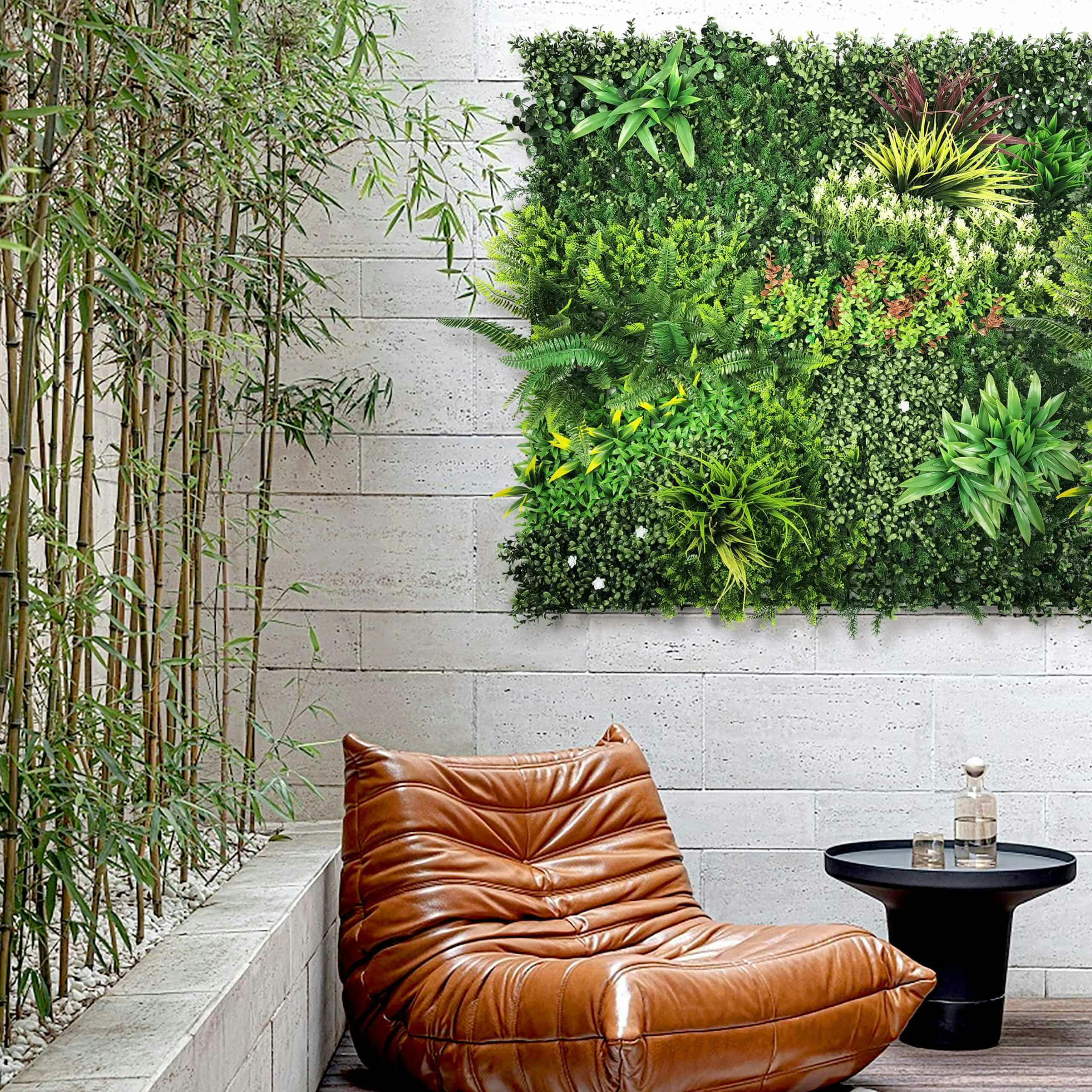 Tropic Garden artificial hedge panel with mixed boxwood, conifer, fern and laurel foliage in green, burgundy and white