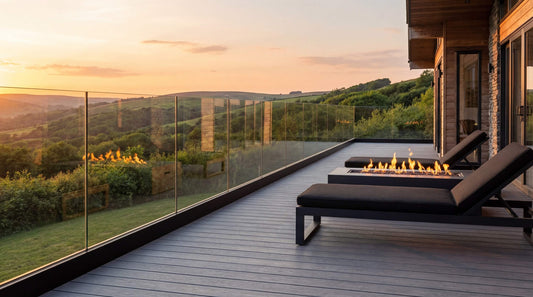 Black fully frameless glass balustrade installed on raised holiday home decking