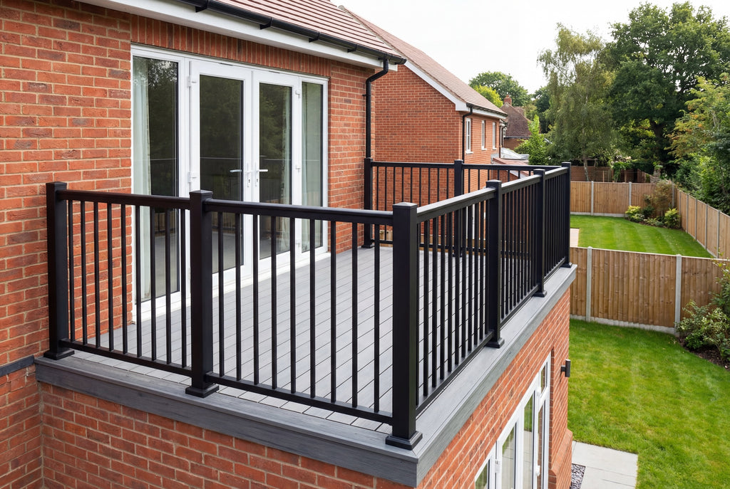 Aluminium balustrade fitted to raised residential decking area