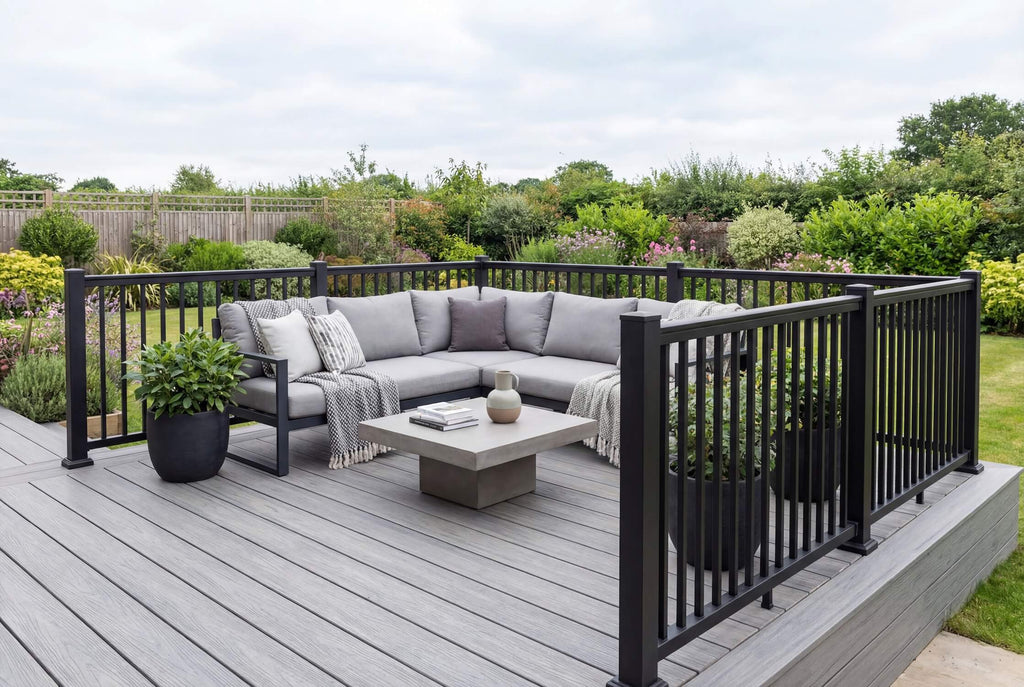 Aluminium balustrade installed on residential garden decking area