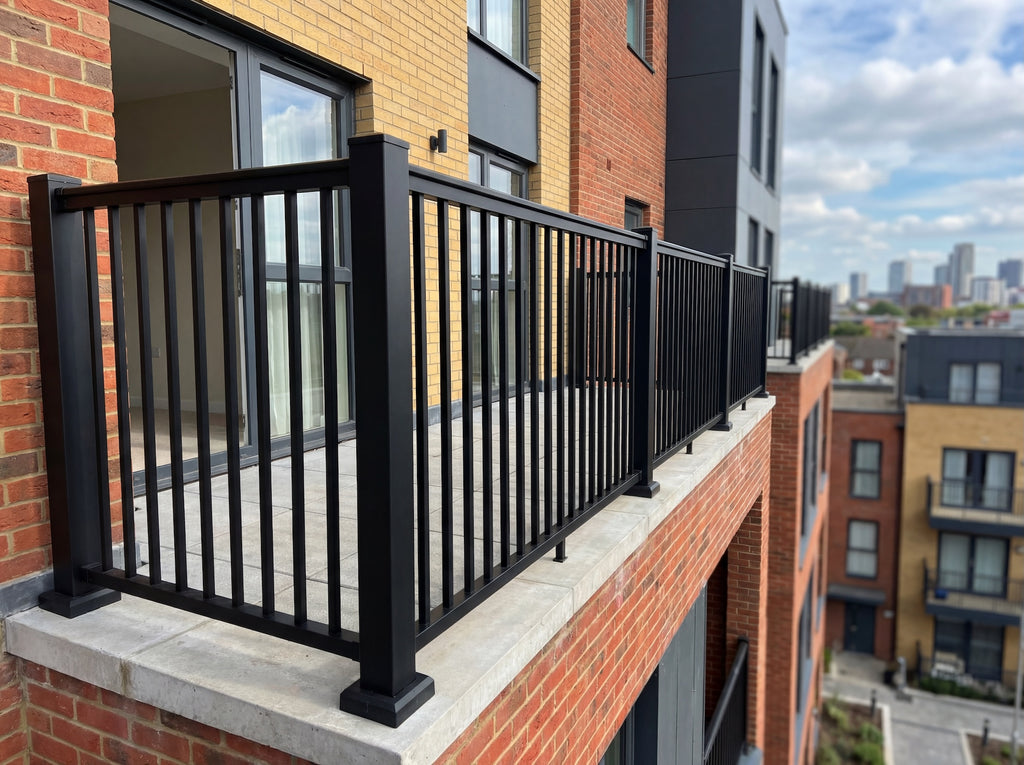 Aluminium balustrade installed on residential garden decking area