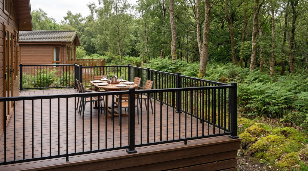 Aluminium balustrade on wooden holiday lodge.