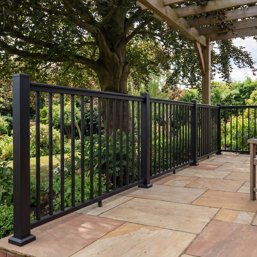 Aluminium balustrade system installed on outdoor decking, providing a durable and low-maintenance safety solution