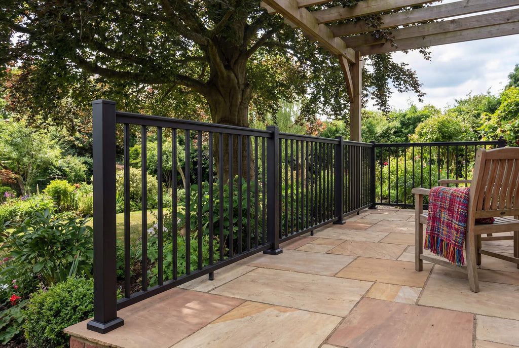 Aluminium balustrade installed on a patio area, providing a modern safety barrier while maintaining open views