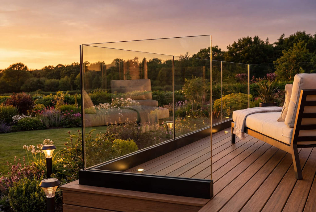 Black fully frameless glass balustrade surrounding residential garden decking