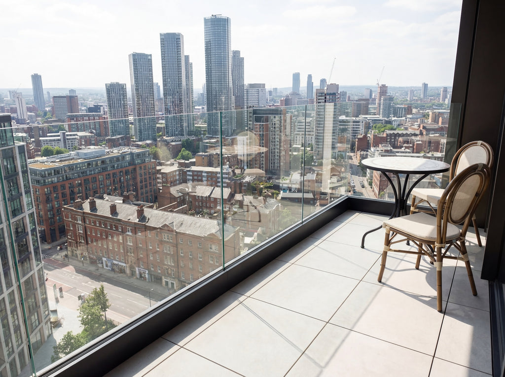 Black fully frameless glass balustrade fitted to a residential balcony overlooking a city