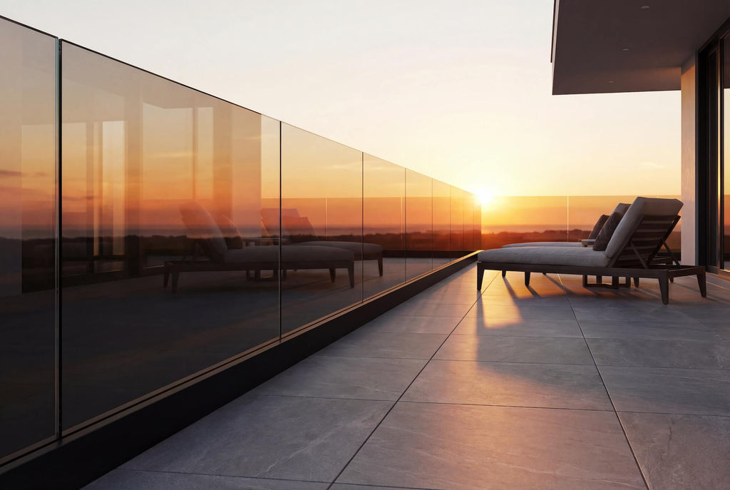 Frameless glass balustrade installed in a black U channel, ideal for decking, balconies, and contemporary outdoor spaces