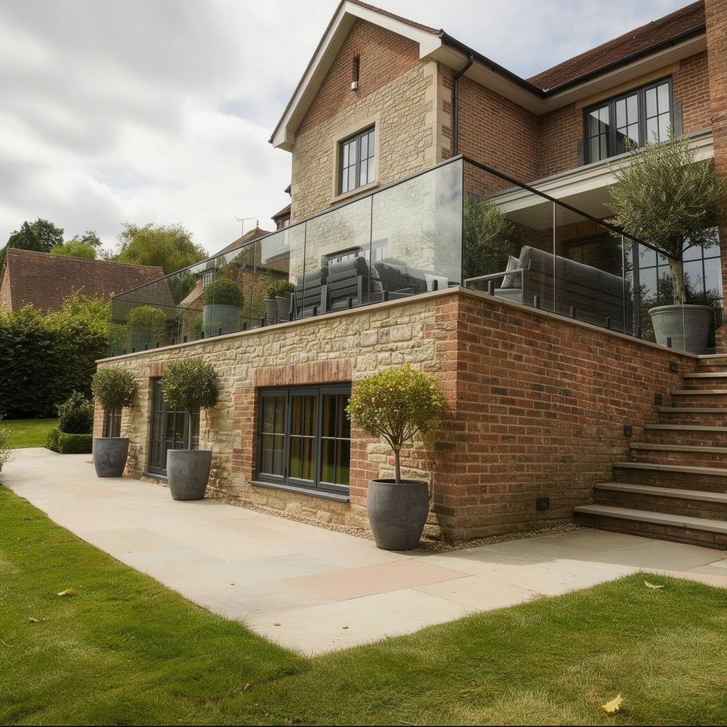 Clear glass balustrade panels secured with black stainless steel spigots for a sleek contemporary outdoor finish