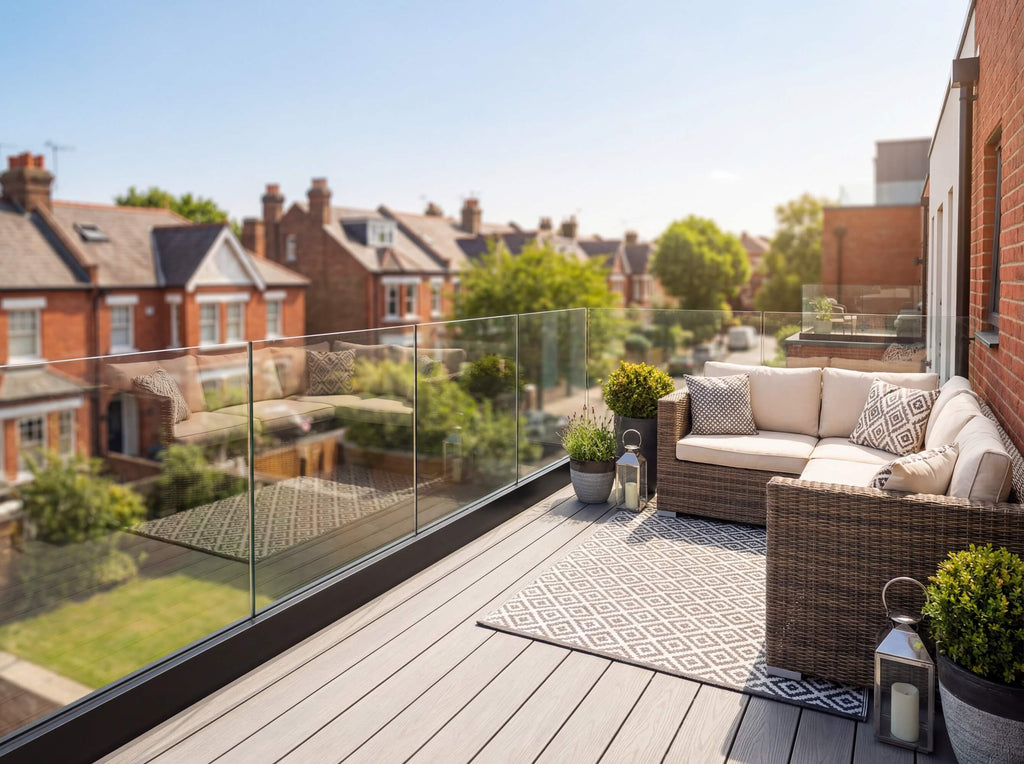 Fully frameless glass balustrade system in a black channel used in a residential setting outside the city, combining modern design with outdoor safety