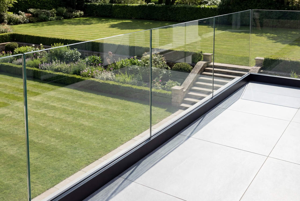 Fully frameless glass balustrade system set into a black U channel, creating a sleek modern safety barrier with uninterrupted views