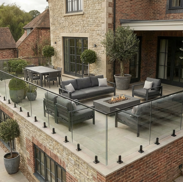 Frameless glass balustrade supported by black stainless steel spigots, ideal for decking, patios, and balcony areas