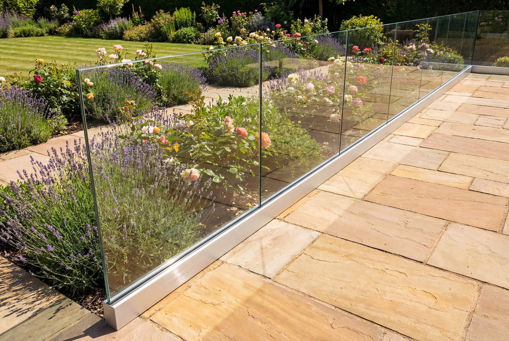 Fully frameless glass balustrade system installed in a silver U channel, providing a modern safety barrier with clear uninterrupted views