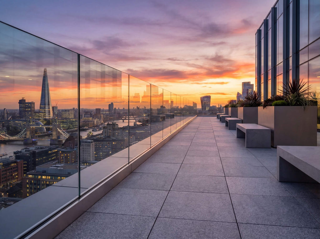 Fully frameless glass balustrade with a black base channel installed on a city balcony, delivering a sleek contemporary finish with uninterrupted views