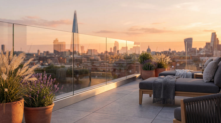 Fully frameless glass balustrade installed on a London balcony overlooking the city skyline at sunset