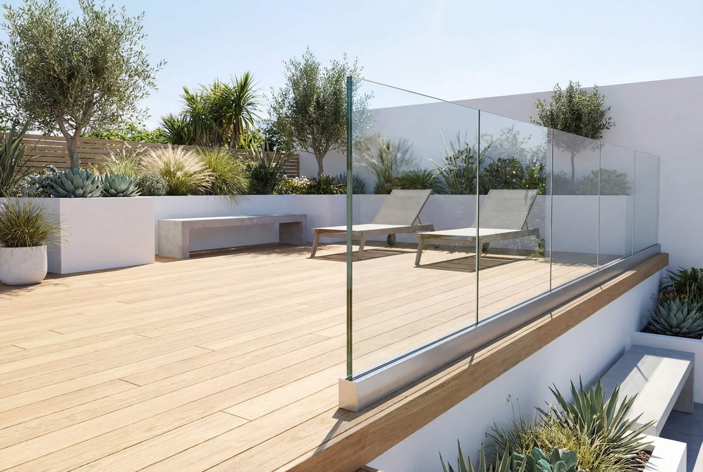 Fully frameless silver glass balustrade installed on residential decking area