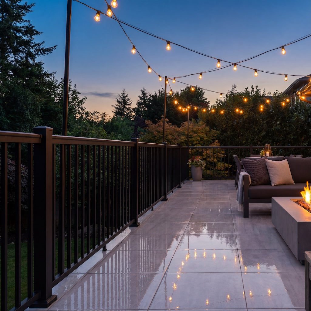 Modern aluminium balustrade railing designed for UK homes, suitable for decking, balconies, and raised terraces