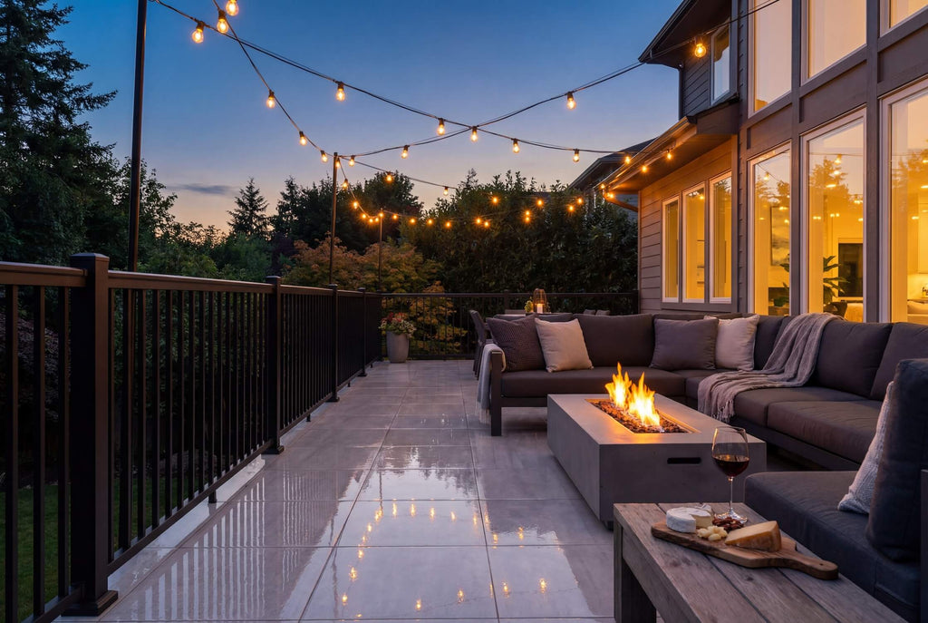 Powder-coated aluminium balustrade system used around a patio, offering a durable and low-maintenance outdoor solution