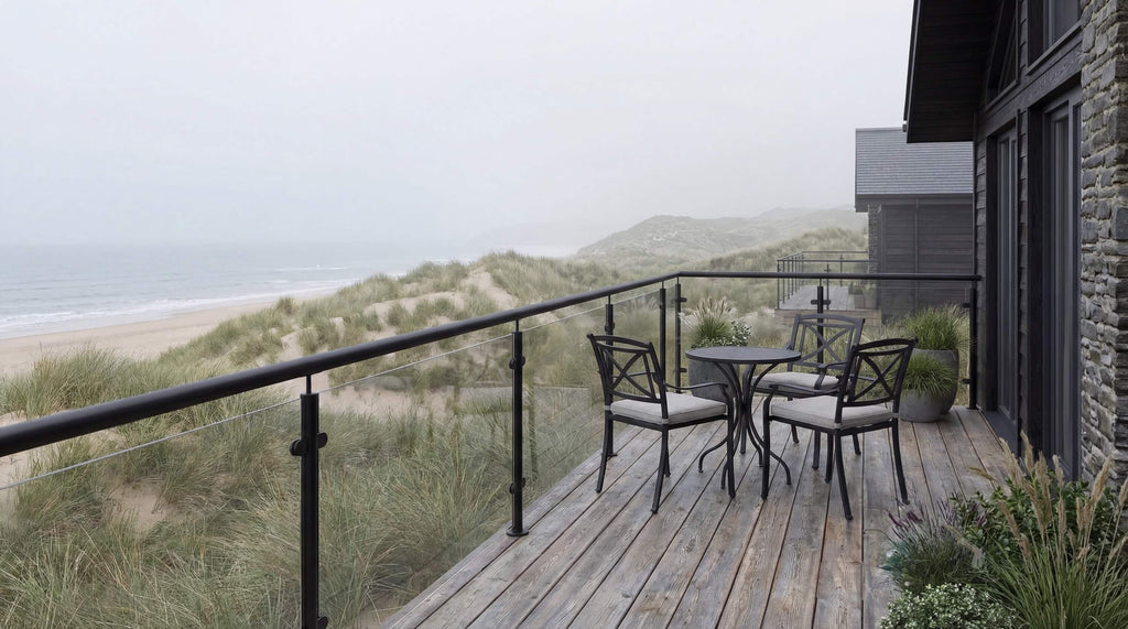 Black Post and Handrail Glass Balustrades for holiday lodge decking balustrade