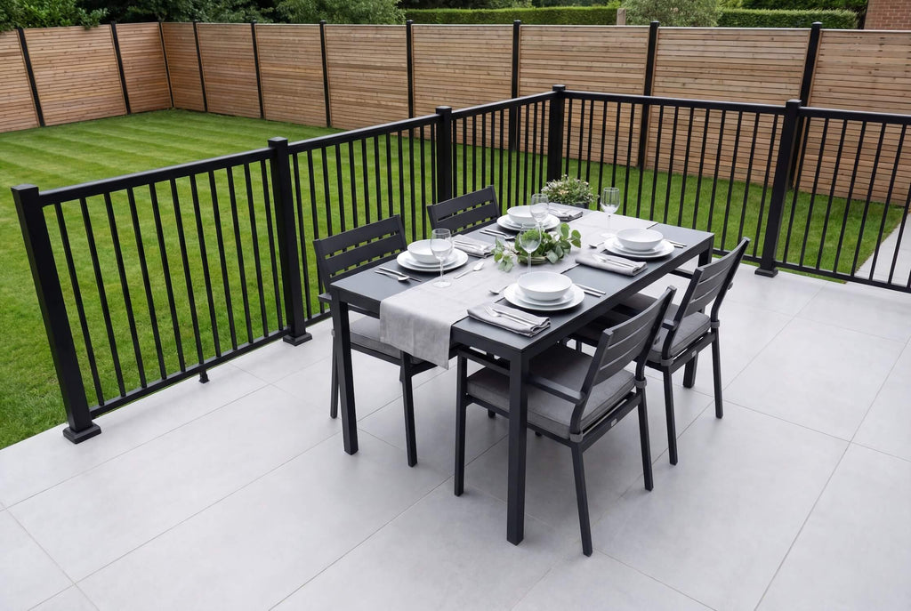 Contemporary aluminium balustrade surrounding a patio space, suitable for UK homes and outdoor seating areas