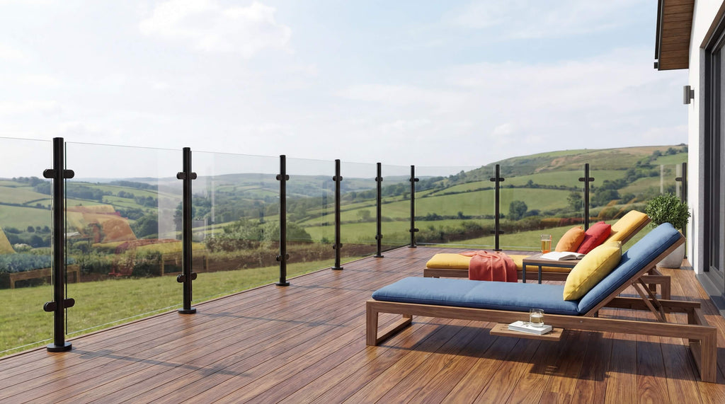 Black Semi frameless Glass Balustrade on a decking area of a Holiday Cottage in the UK Countryside