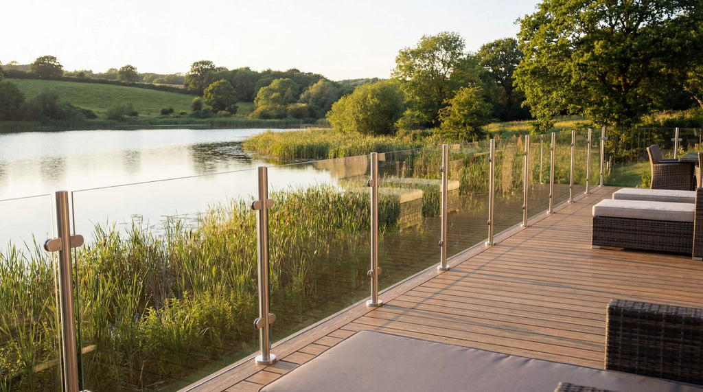 Semi Frameless Glass and Stainless steel balustrade on decking area at a lake side holiday lodge