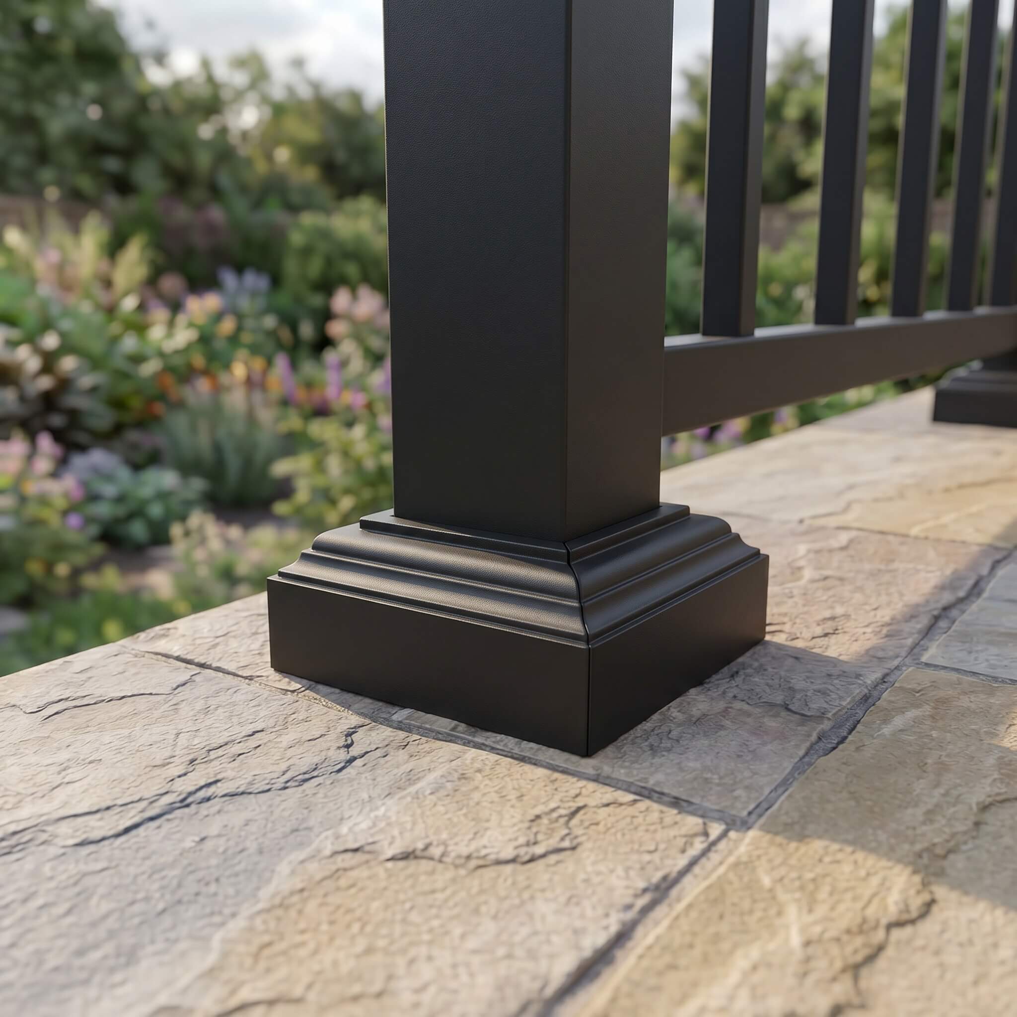 Close-up of the black aluminium post base plate cover fitted at the foot of a balustrade post