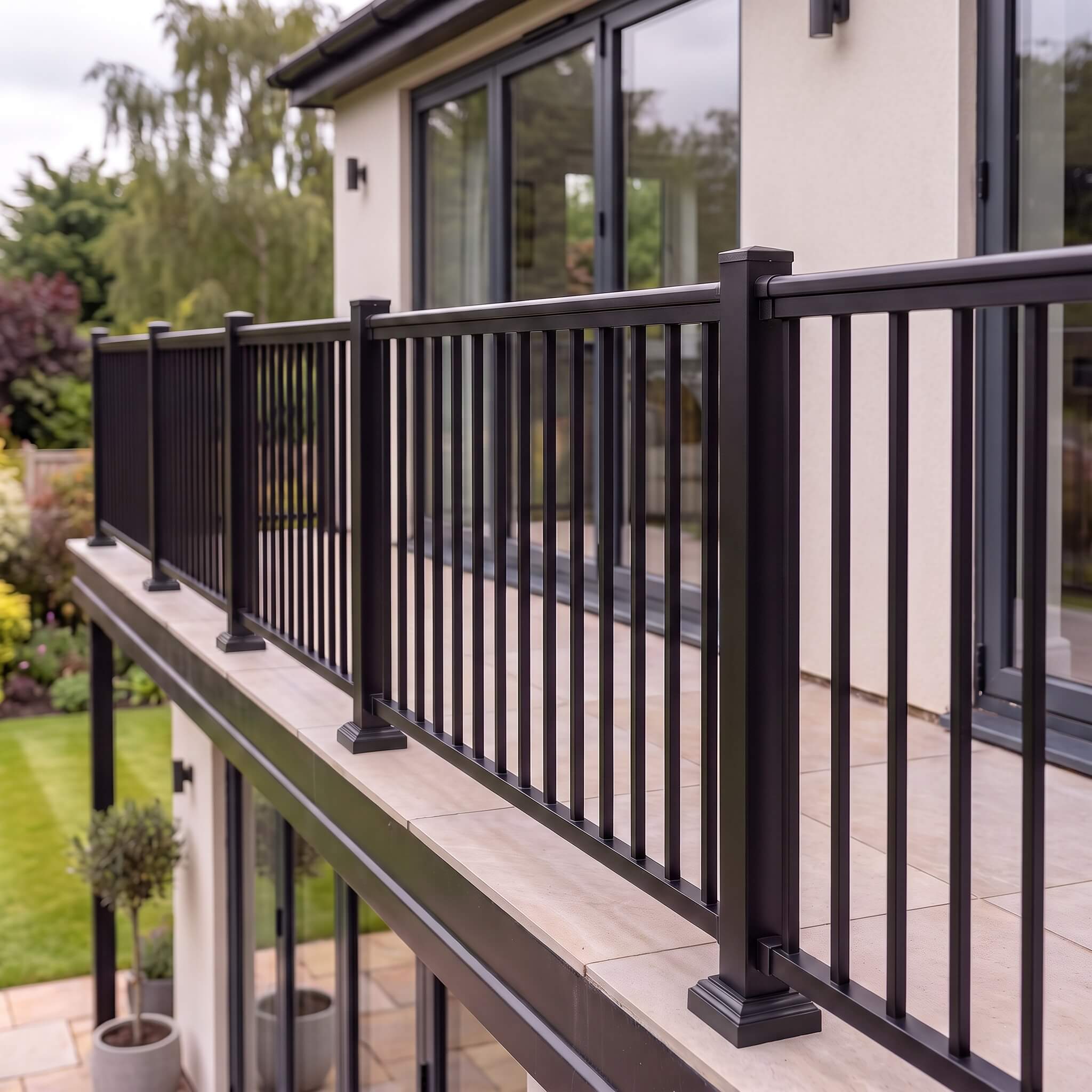 Black aluminium balustrade with vertical pickets fitted along the edge of a first-floor balcony on a modern UK home
