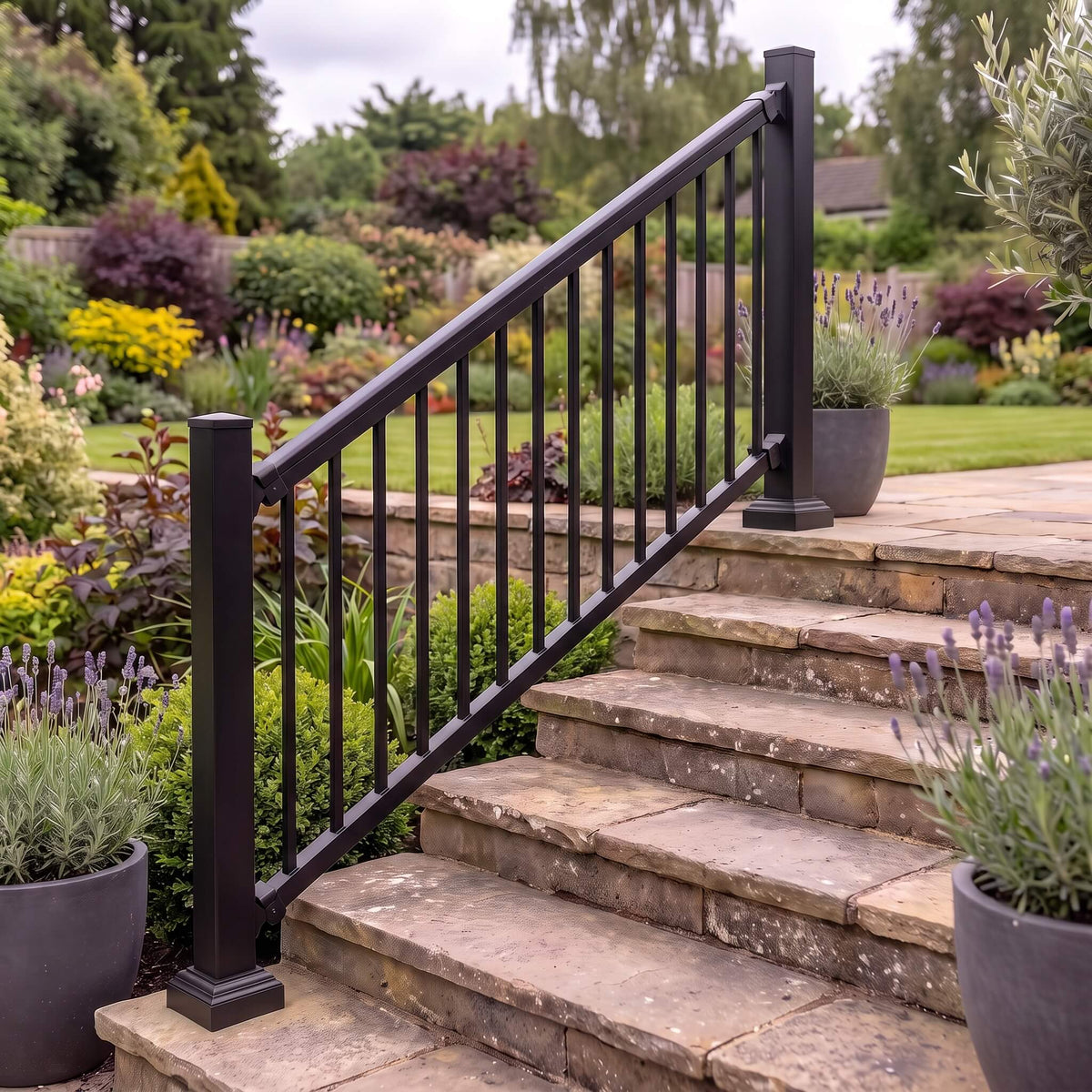 Black aluminium stair balustrade with angled rails and stair brackets fitted alongside stone garden steps