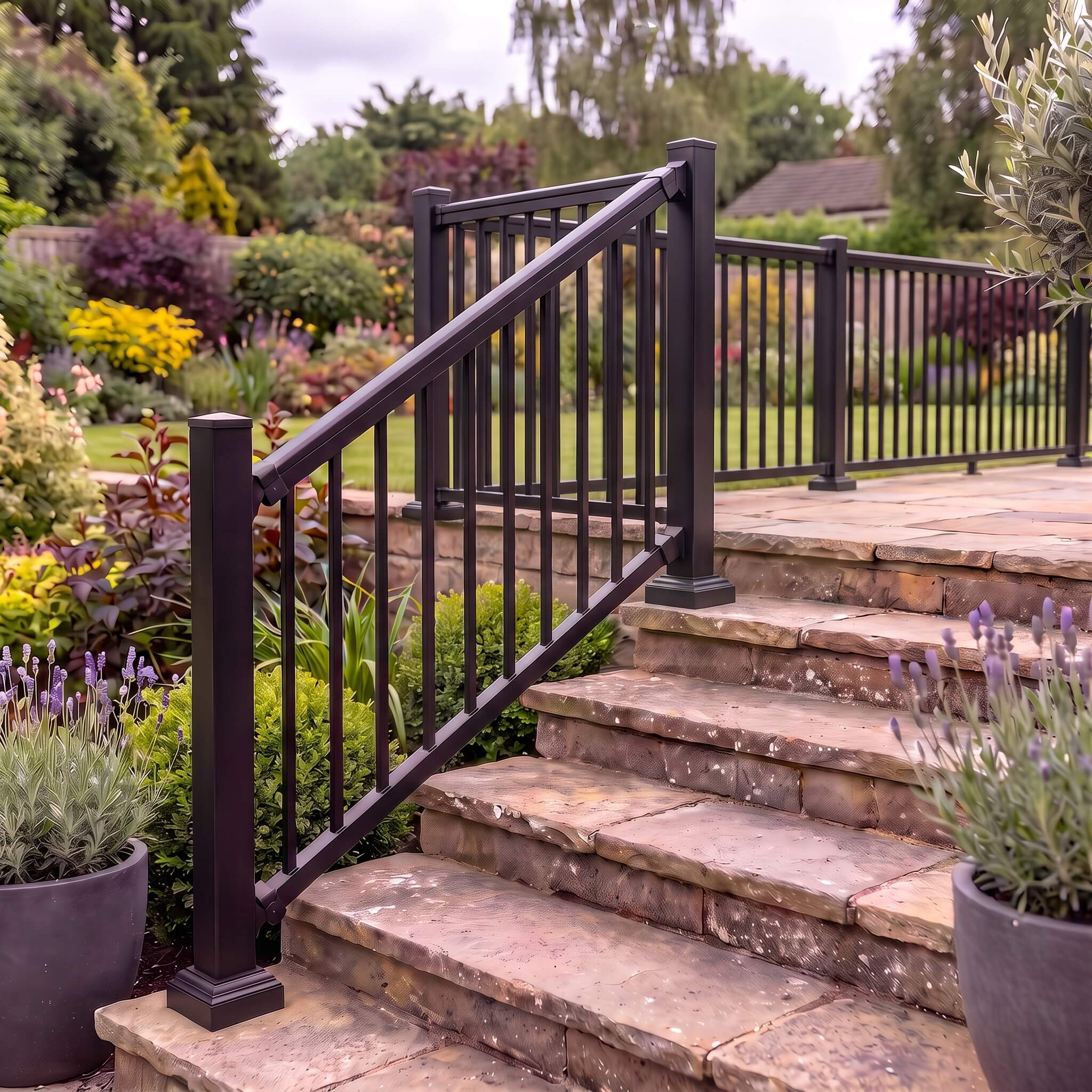 Black aluminium balustrade running down stone garden steps and continuing along a level terrace, with angled stair rails meeting a shared corner post