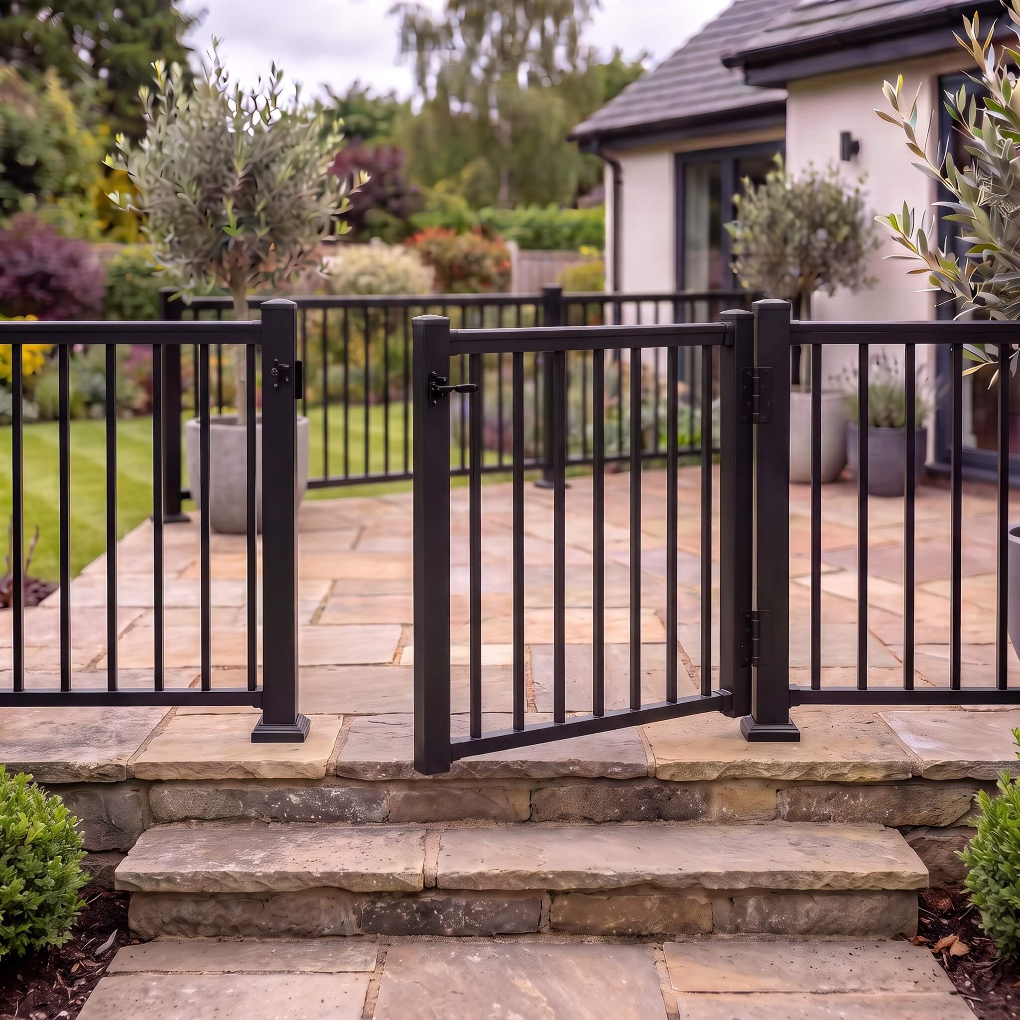 Black aluminium balustrade gate shown open on its hinges at the top of garden steps, self-closing gate for decking and patios