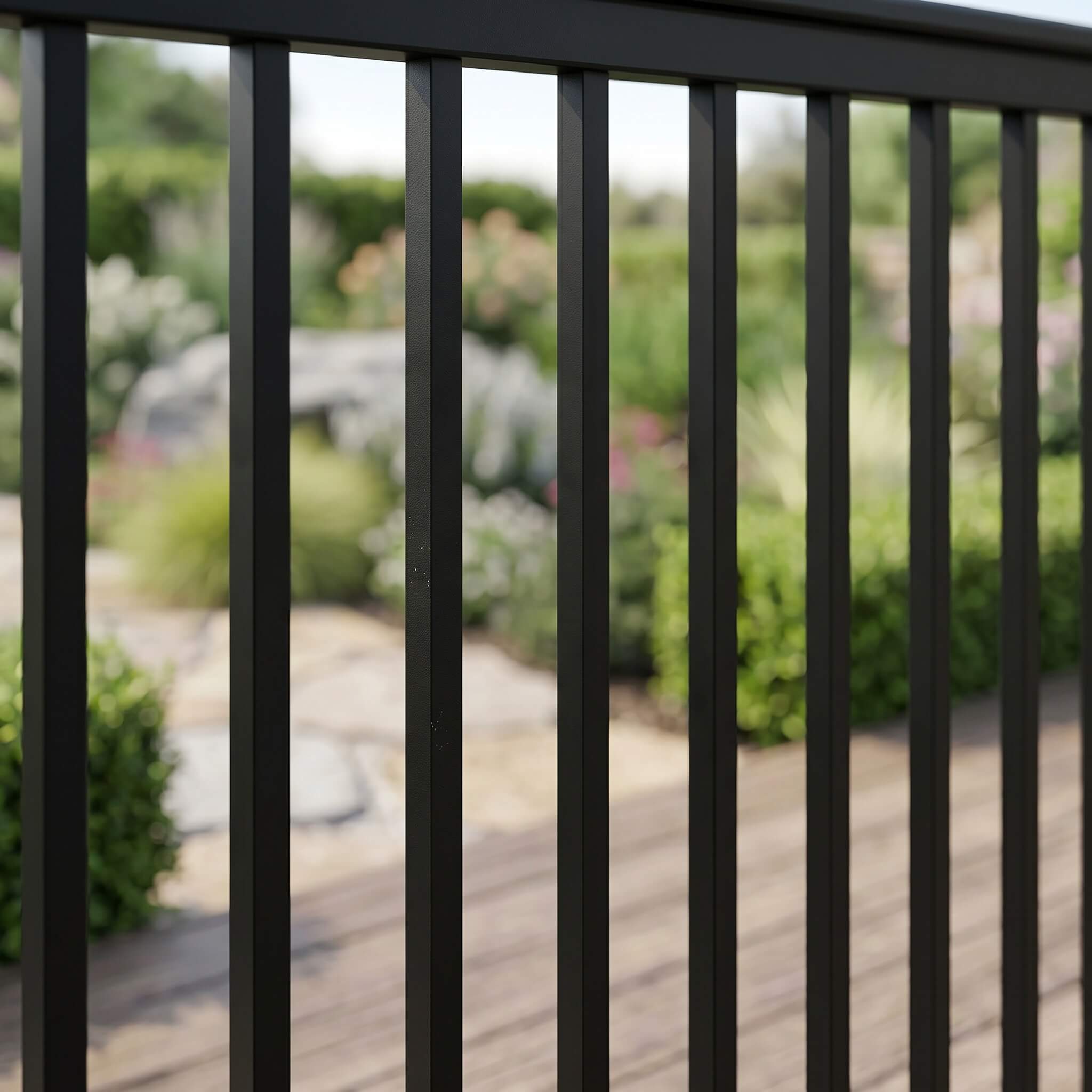 Close-up of the evenly spaced vertical pickets on a black aluminium balustrade
