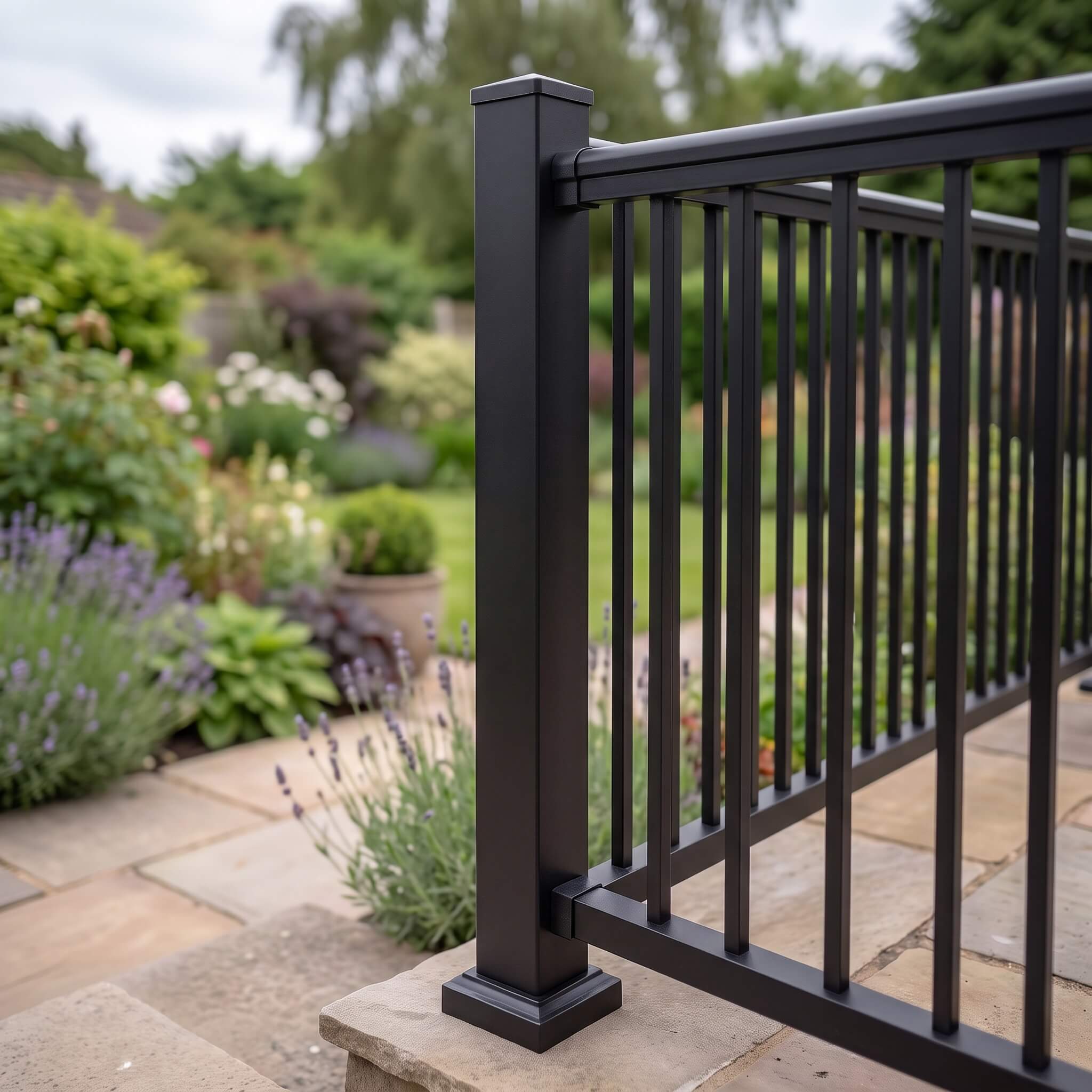 75mm square black aluminium balustrade post with post cap and base cover, shown installed with rails and pickets in a garden setting
