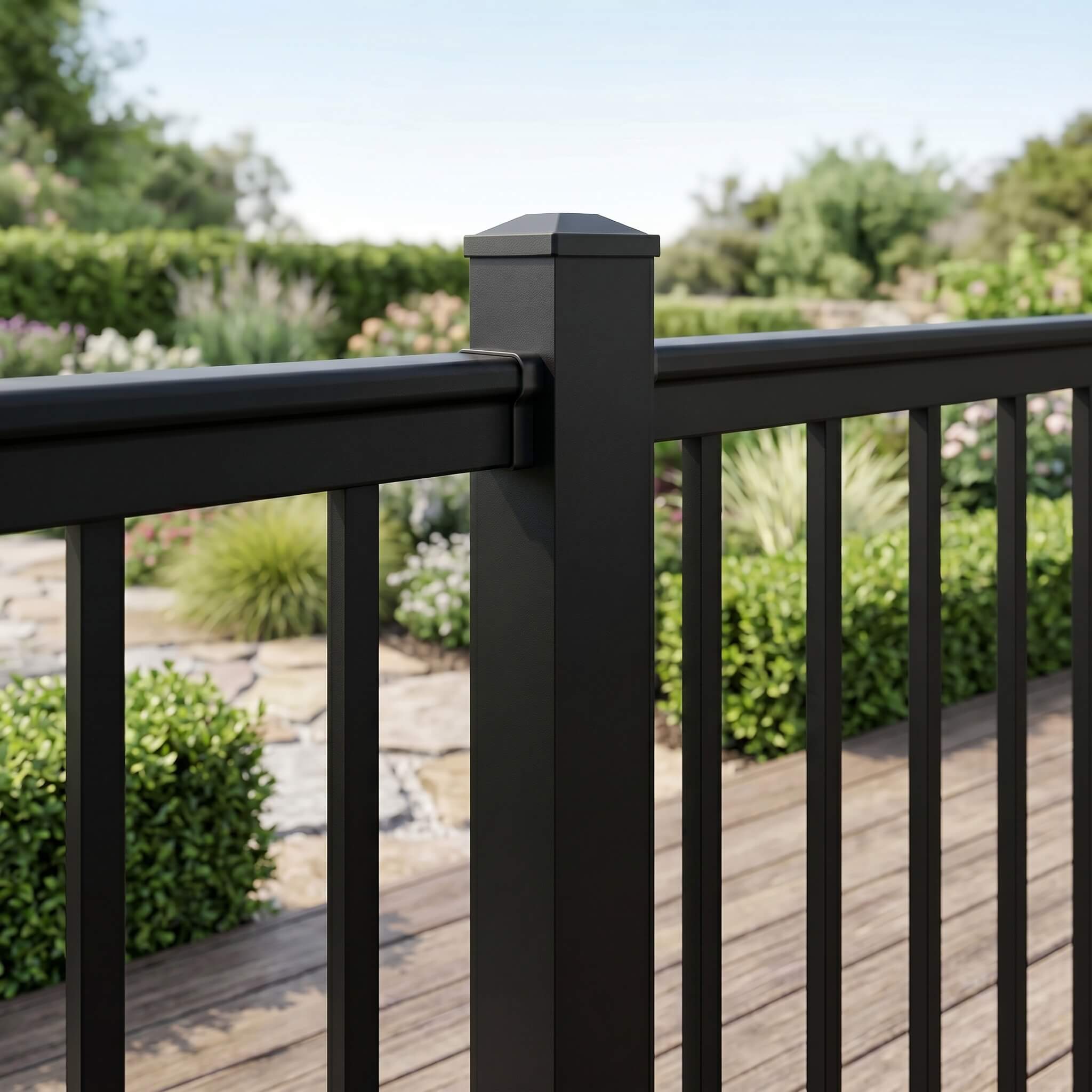 Close-up of a black aluminium balustrade rail meeting the post with a powder-coated end cap
