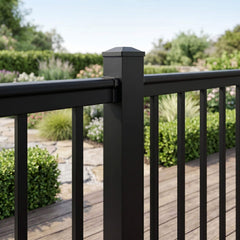 Close-up of a black aluminium balustrade rail meeting the post with a powder-coated end cap