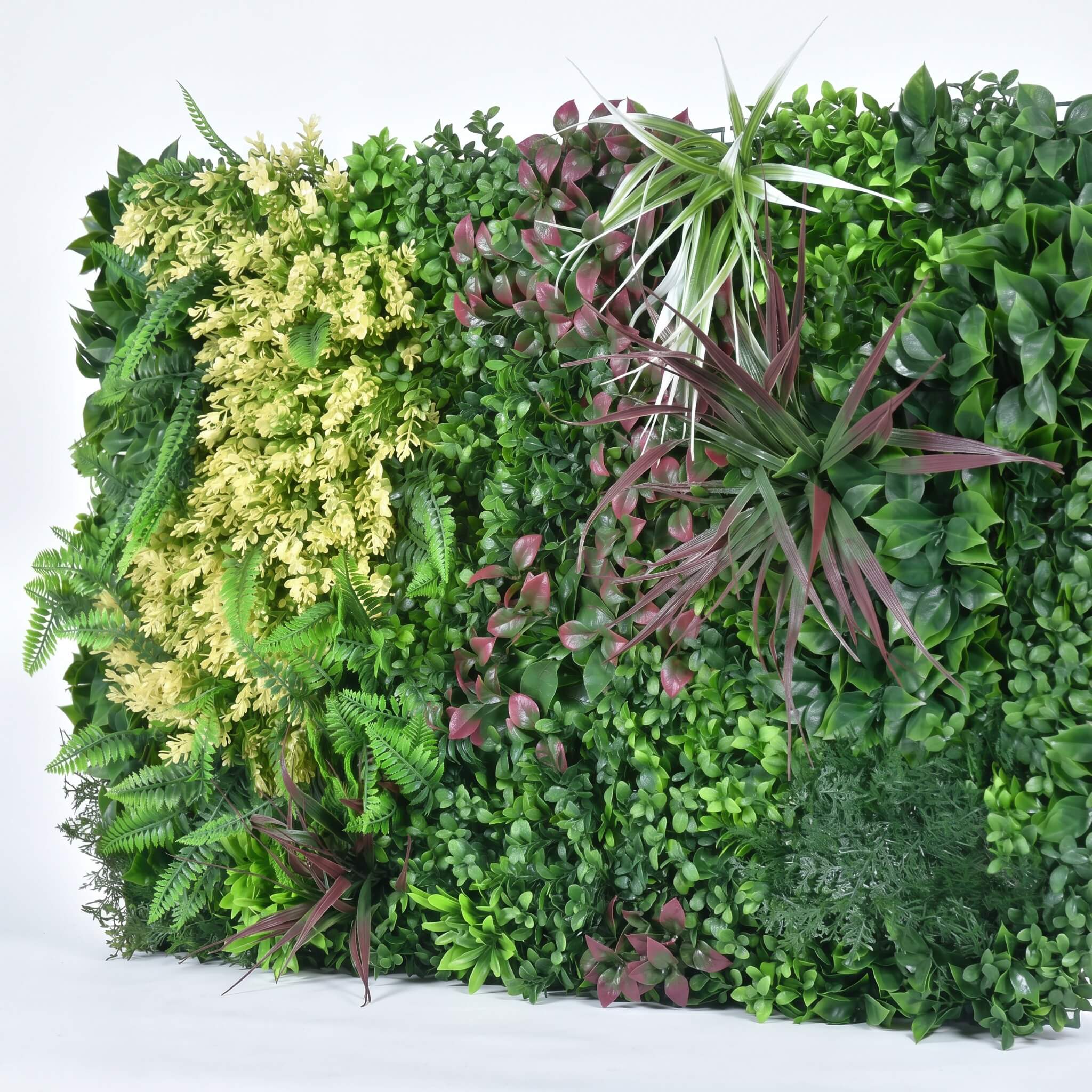 Close-up of the dense foliage on the Jumanji green wall panel