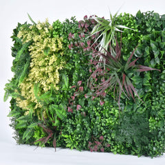 Close-up of the dense foliage on the Jumanji green wall panel