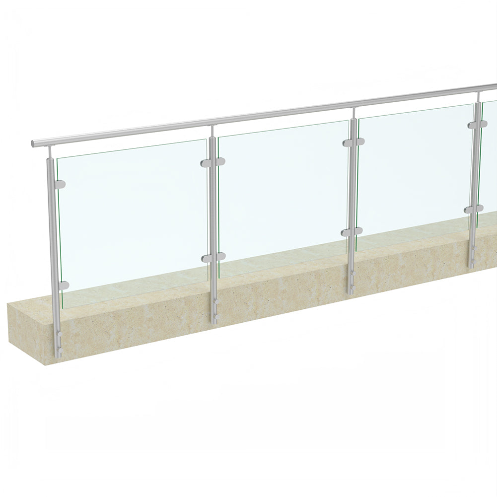 Run of side fix glass balustrade fixed to the face of a slab edge