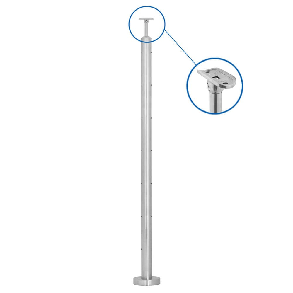 Wire balustrade through post in 316 stainless steel, 48.3mm with welded base plate and seven plain holes for the wire to pass through