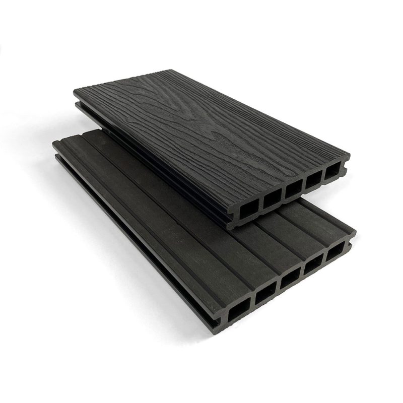 Midnight Black Composite decking showing woodgrain side and grooved side