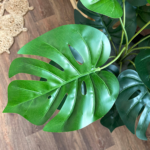 foliage close up of artificial monstera plant