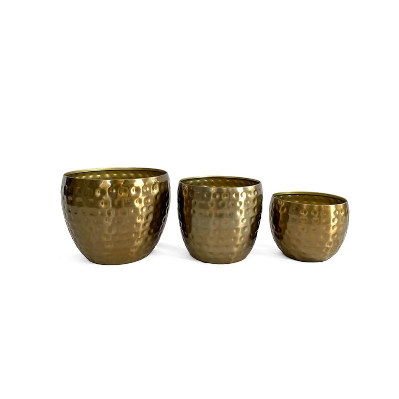 3 sizes of gold metal hammered indoor plant pot
