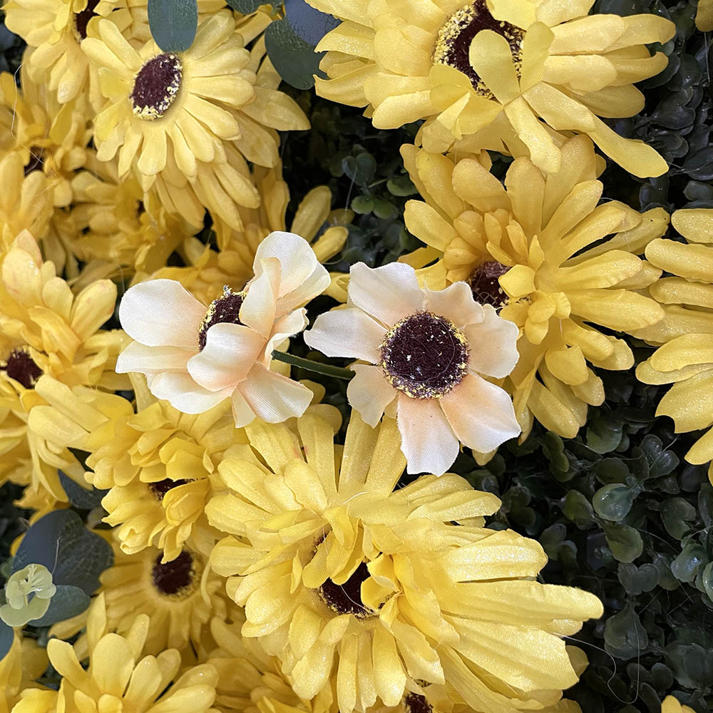 close up artificial sunshine yellow flower wall