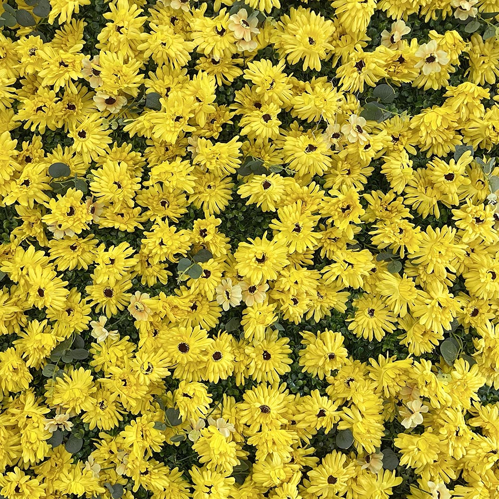 faux flowers on sunshine artificial flower wall
