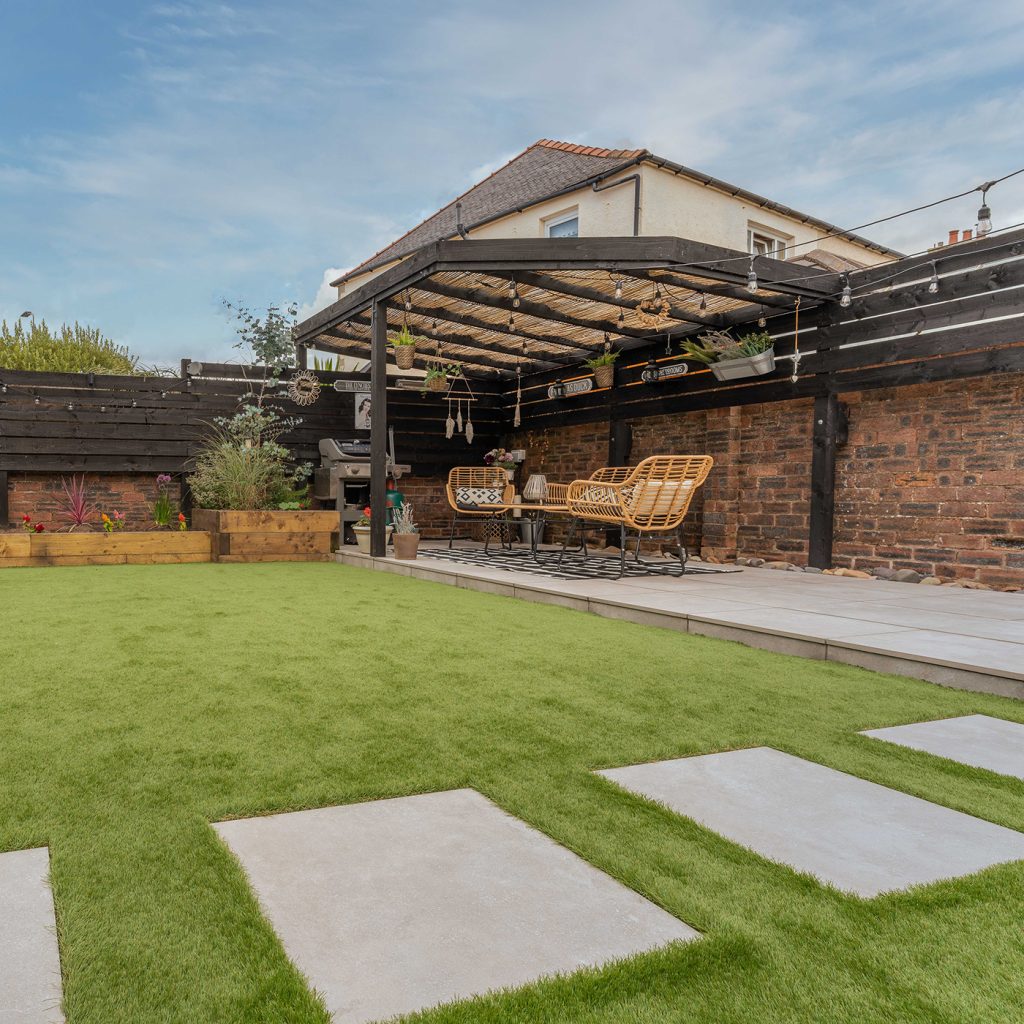 artificial grass used in a family garden for a low maintenance garden