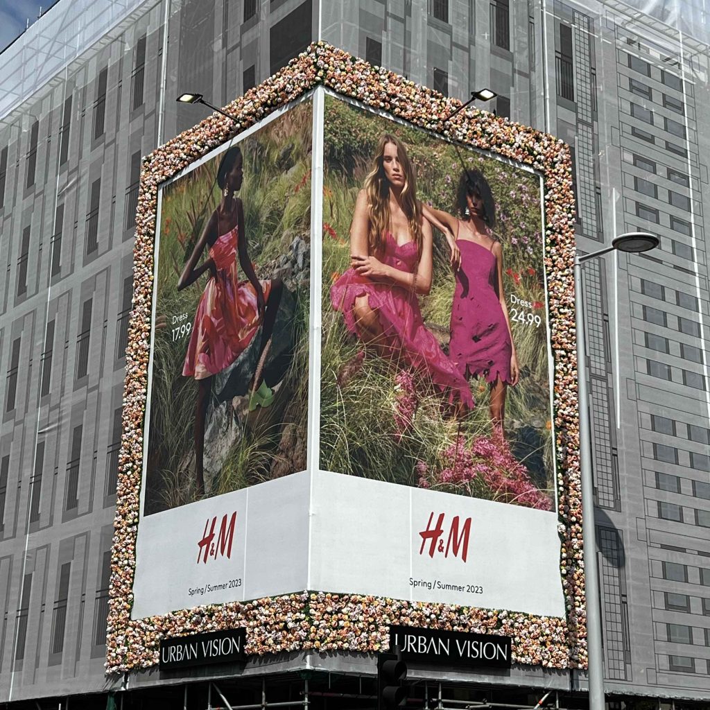 English garden flower tiles used to create a large retail display in central London