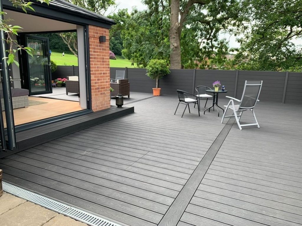black composite decking boards used on a wrap around design